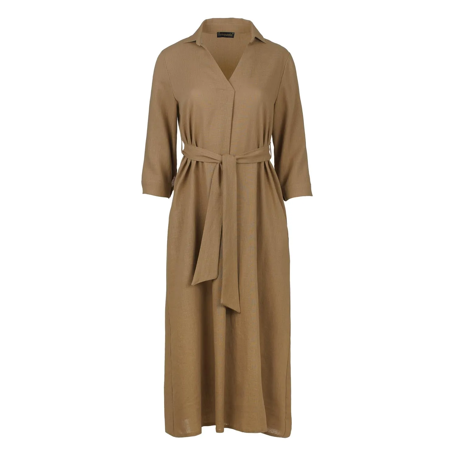 Beige Linen Style Midi Dress with Belt