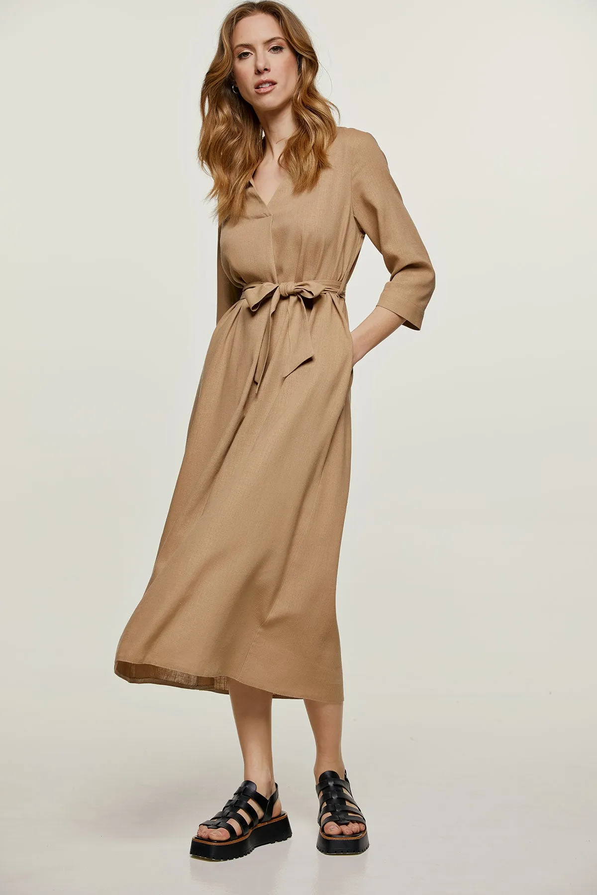 Beige Linen Style Midi Dress with Belt