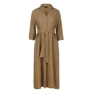 Beige Linen Style Midi Dress with Belt