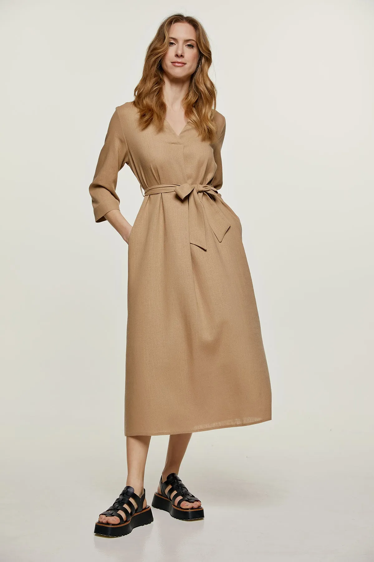 Beige Linen Style Midi Dress with Belt