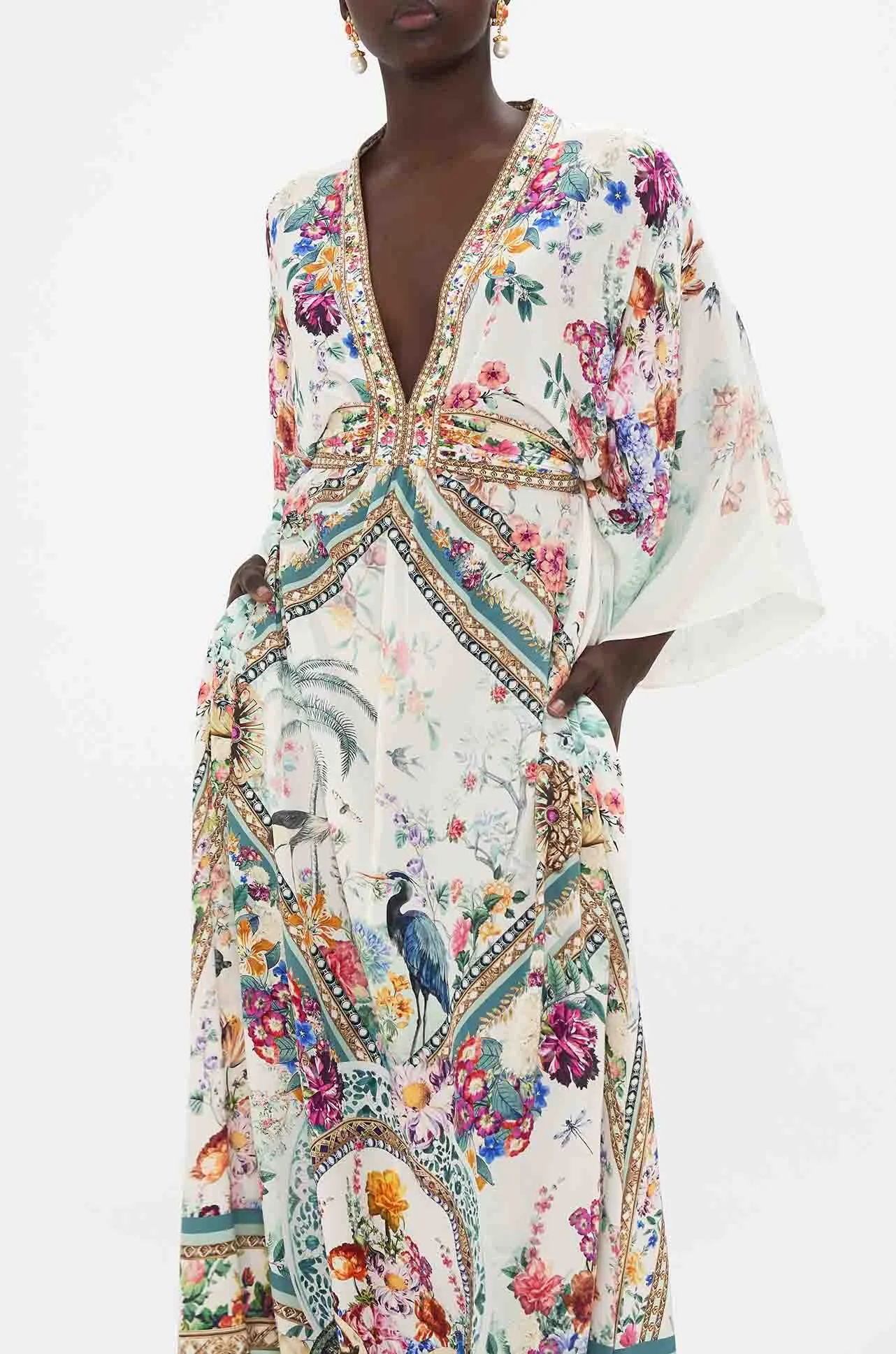 Camilla - Plumes and Parterres Waist Tie Long Kaftan