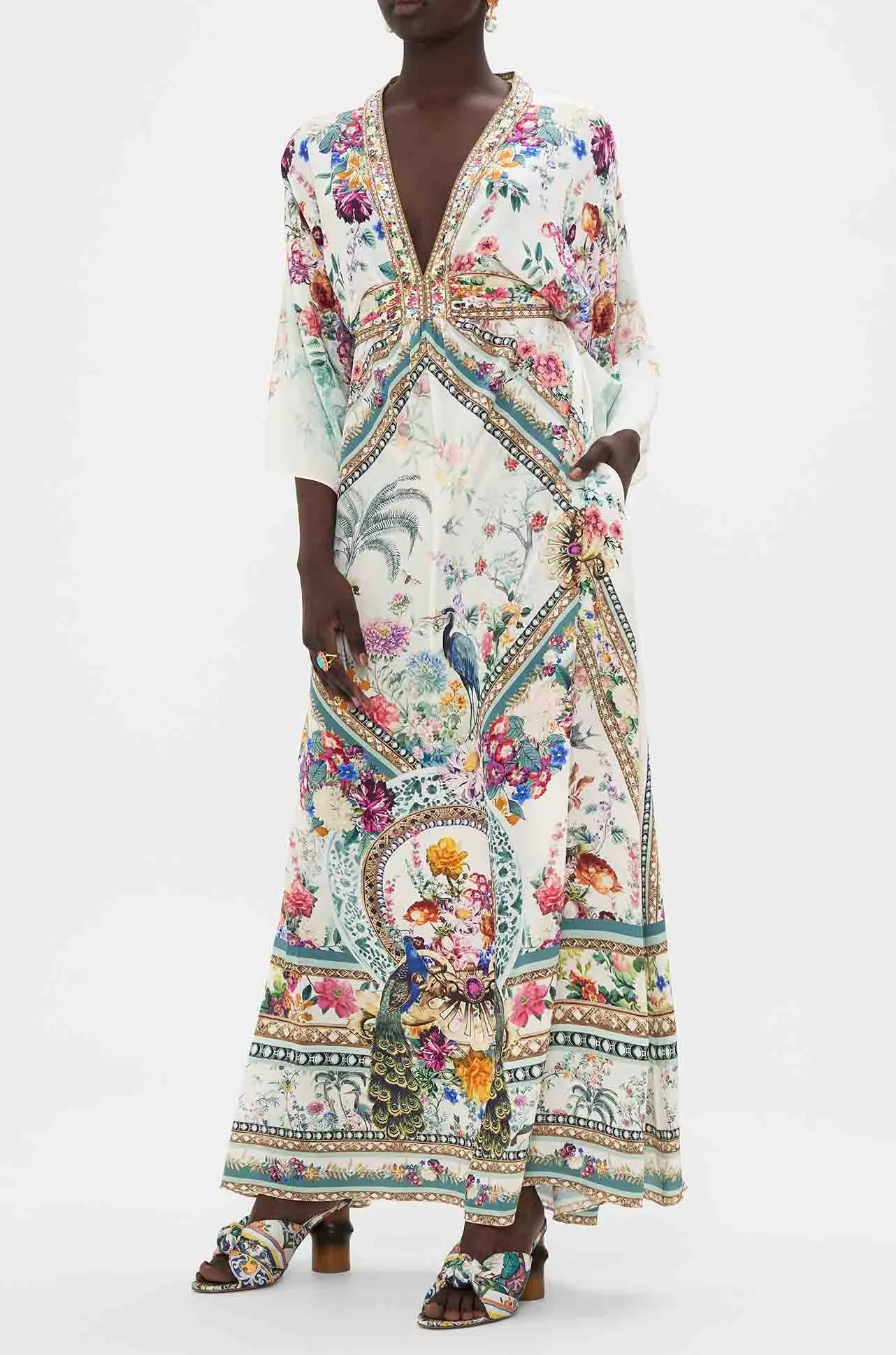 Camilla - Plumes and Parterres Waist Tie Long Kaftan