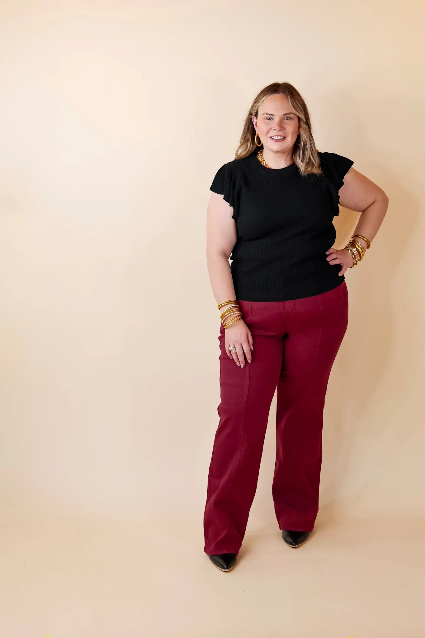 Coffee Date Knit Top With Ruffled Sleeves in Black