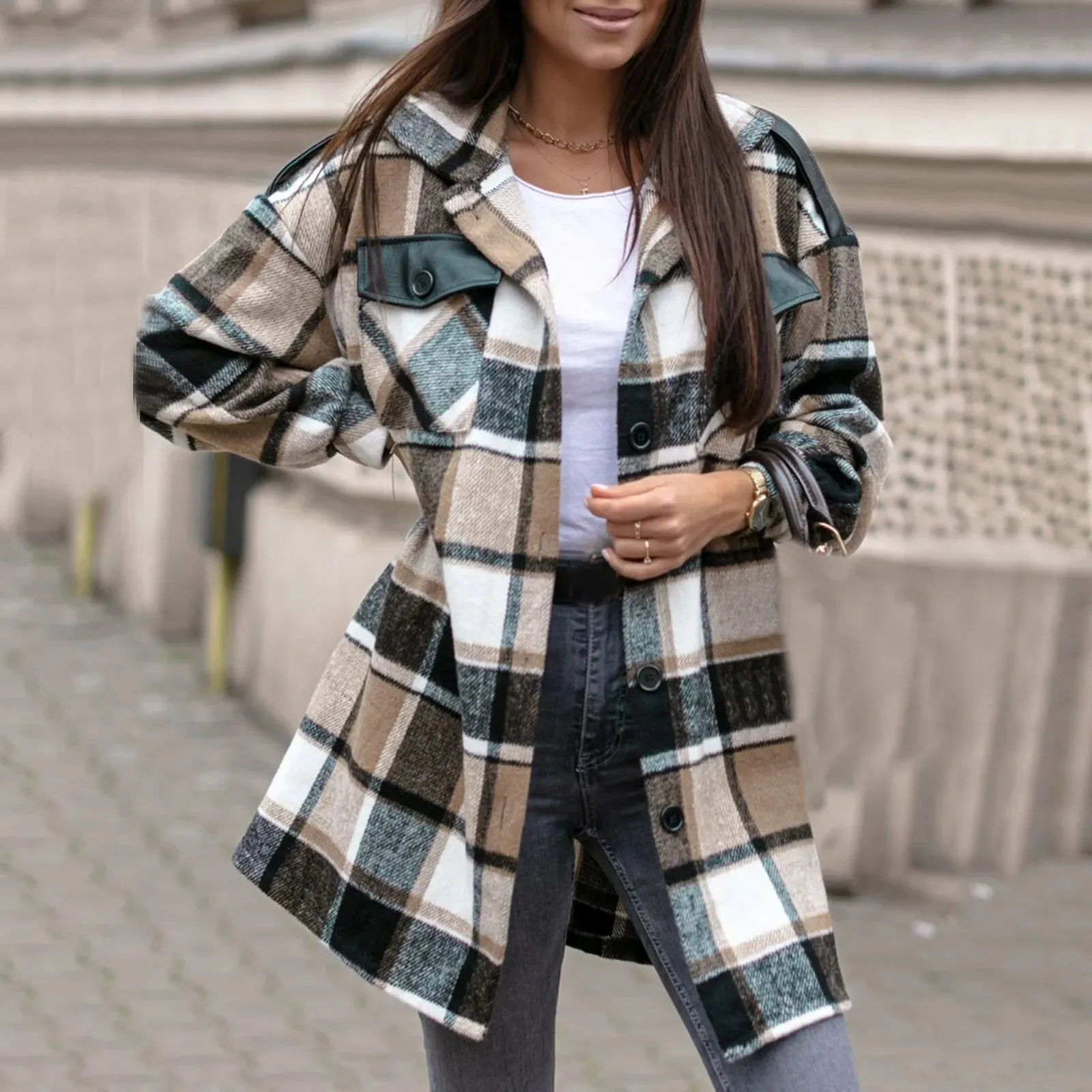 Color Block Plaid Plus Size Button Down Winter Jacket with Pockets