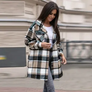 Color Block Plaid Plus Size Button Down Winter Jacket with Pockets