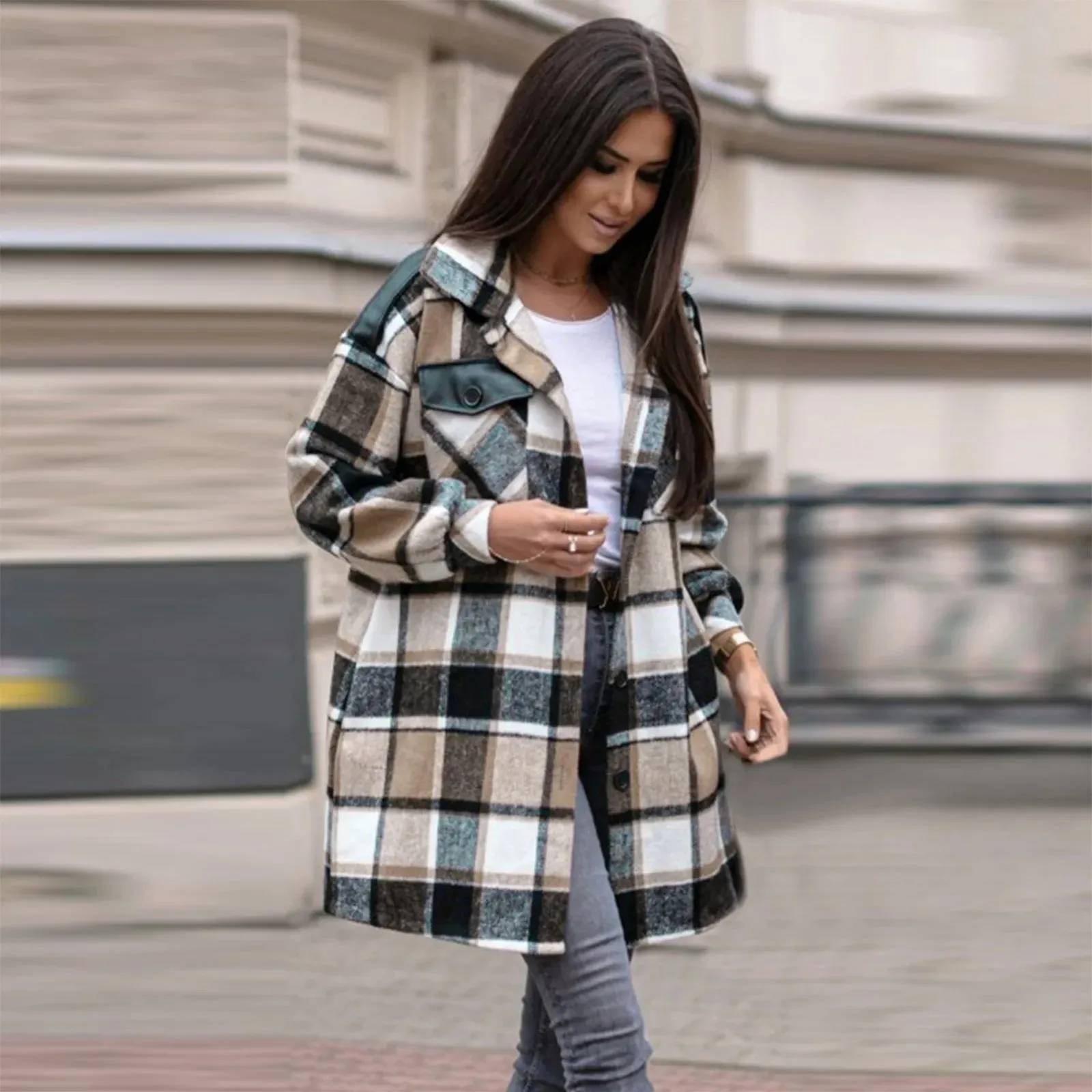 Color Block Plaid Plus Size Button Down Winter Jacket with Pockets