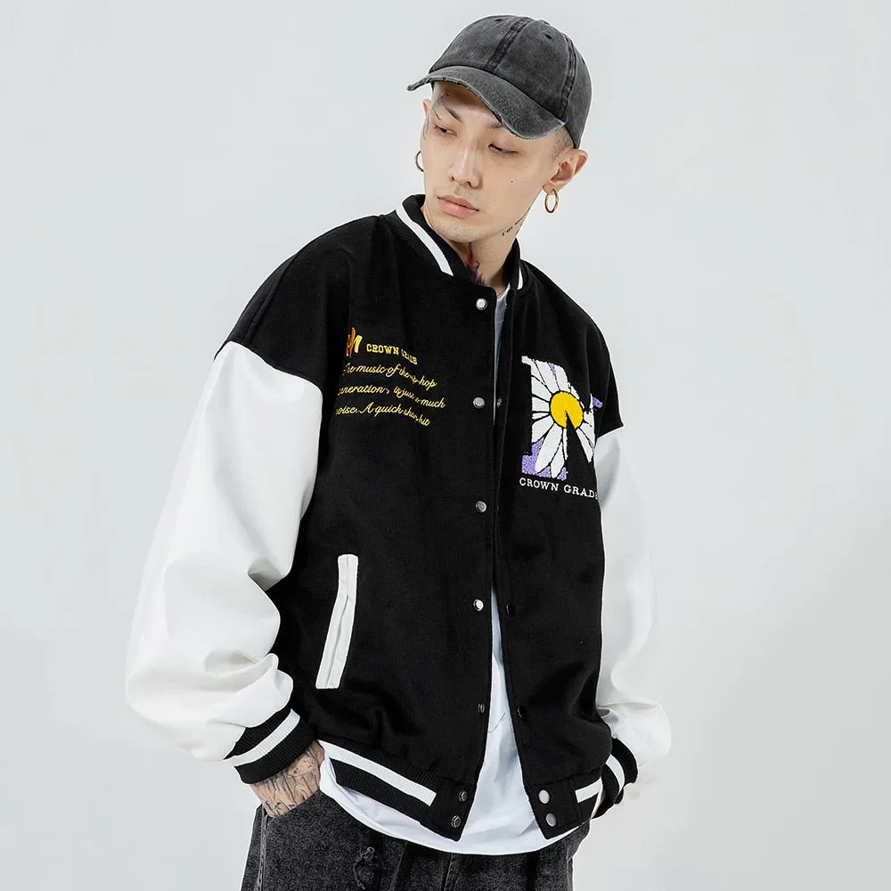 Daisy Flowers Patch Leather Baseball Jacket