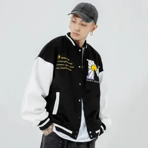 Daisy Flowers Patch Leather Baseball Jacket