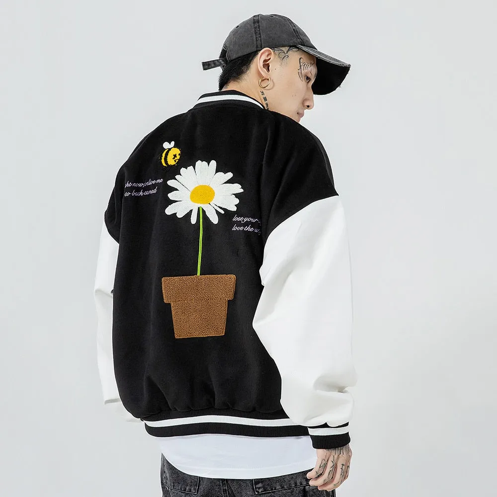 Daisy Flowers Patch Leather Baseball Jacket