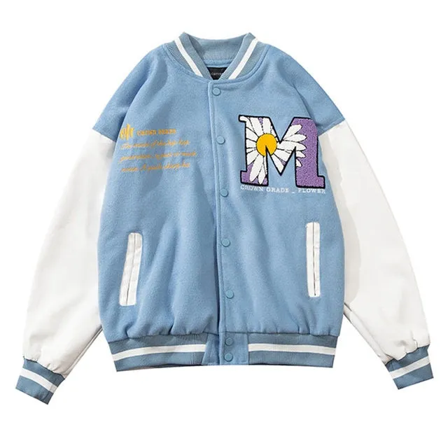 Daisy Flowers Patch Leather Baseball Jacket