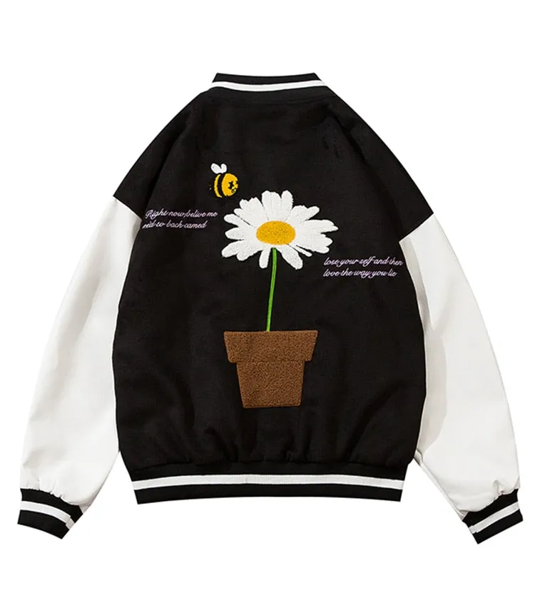 Daisy Flowers Patch Leather Baseball Jacket