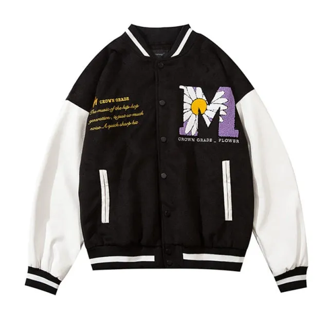 Daisy Flowers Patch Leather Baseball Jacket