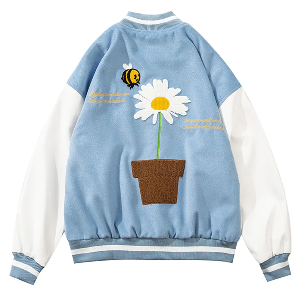 Daisy Flowers Patch Leather Baseball Jacket