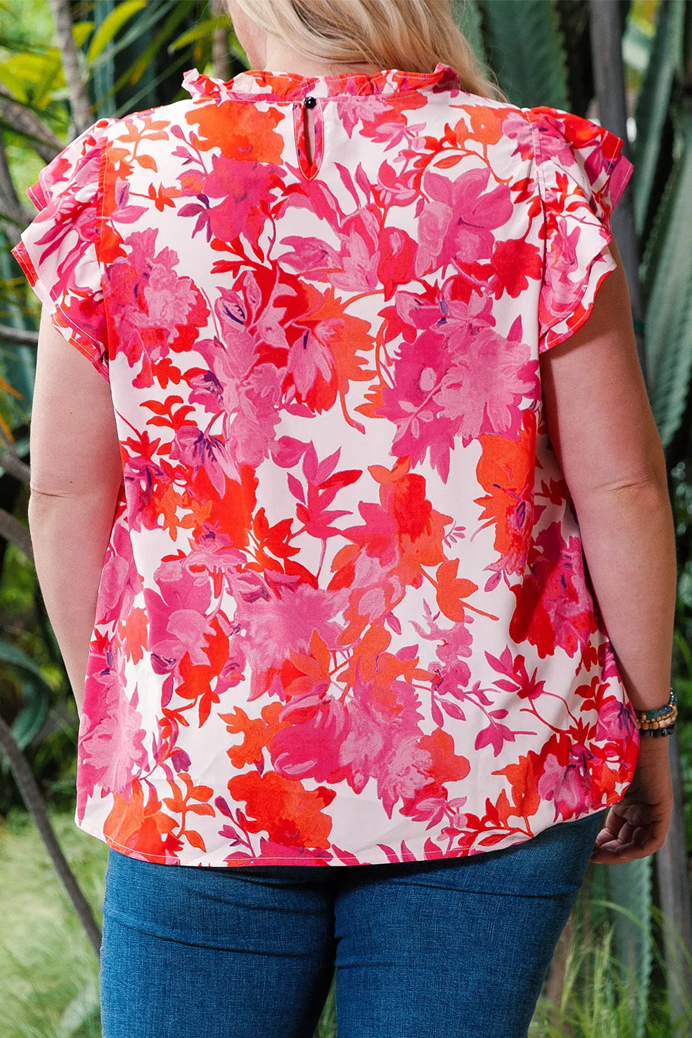 Frill Neck Floral Plus Size Blouse