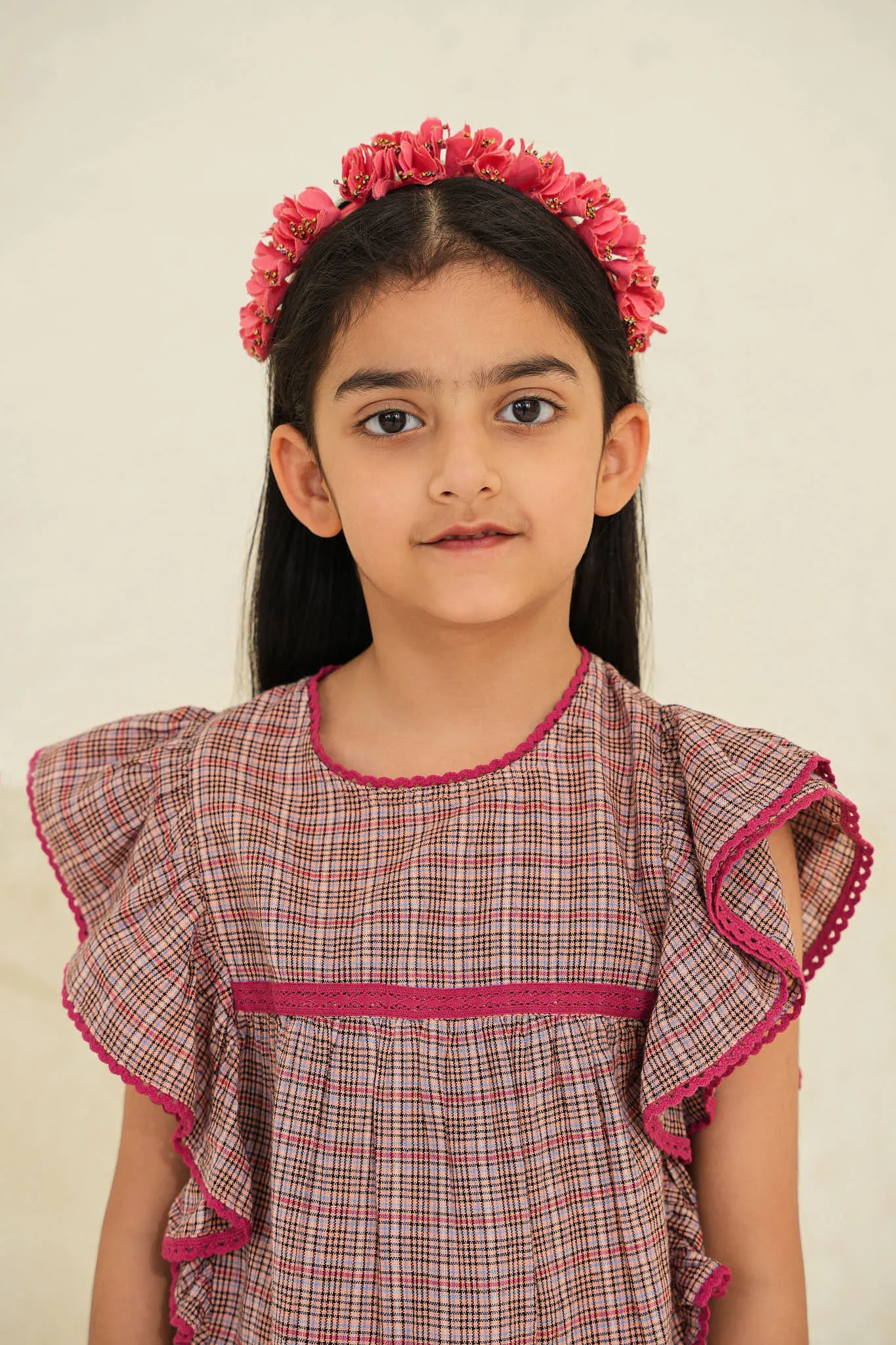 Georgina Cotton Girls Top - Peach Checks