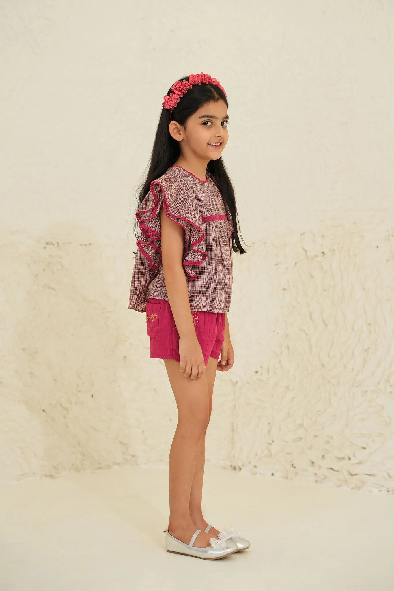 Georgina Cotton Girls Top - Peach Checks