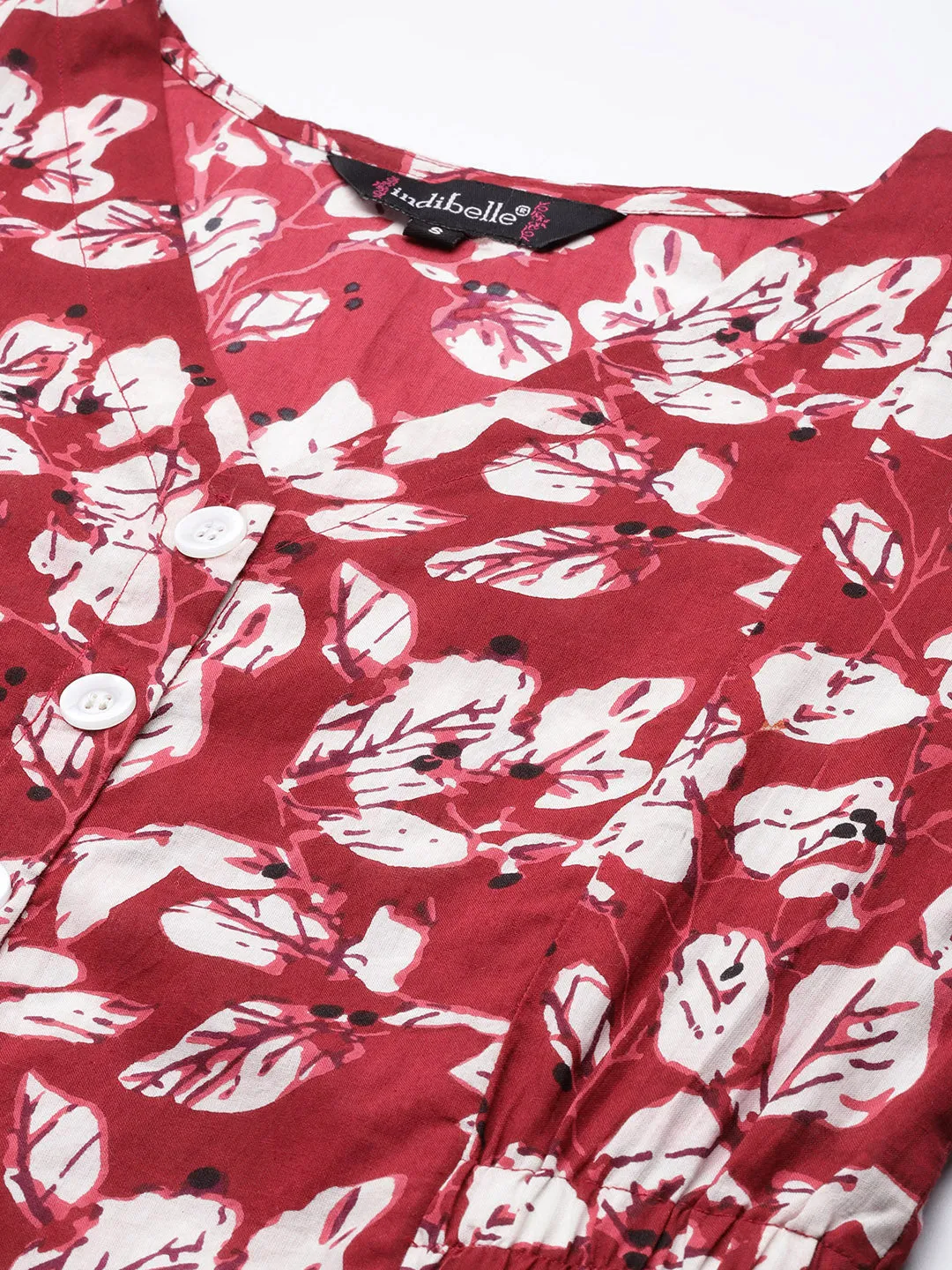 Indibelle Cotton Floral Print Button A-Line Dress (Maroon)