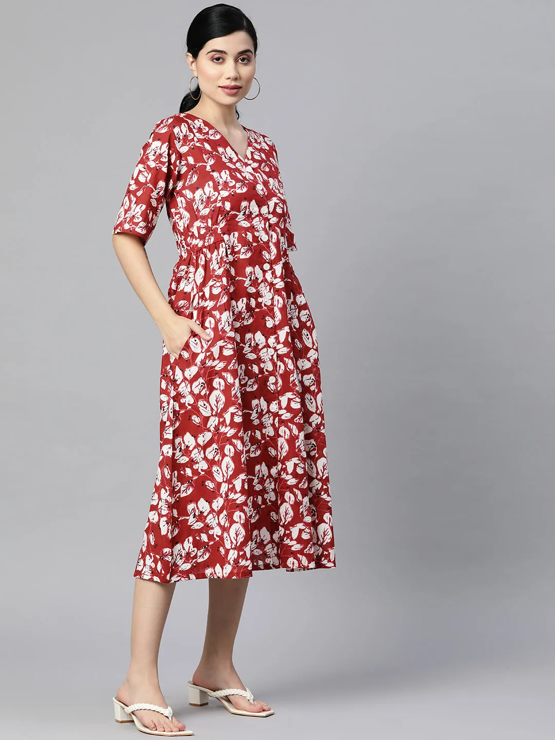 Indibelle Cotton Floral Print Button A-Line Dress (Maroon)