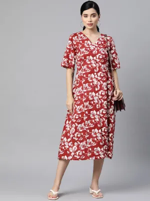 Indibelle Cotton Floral Print Button A-Line Dress (Maroon)