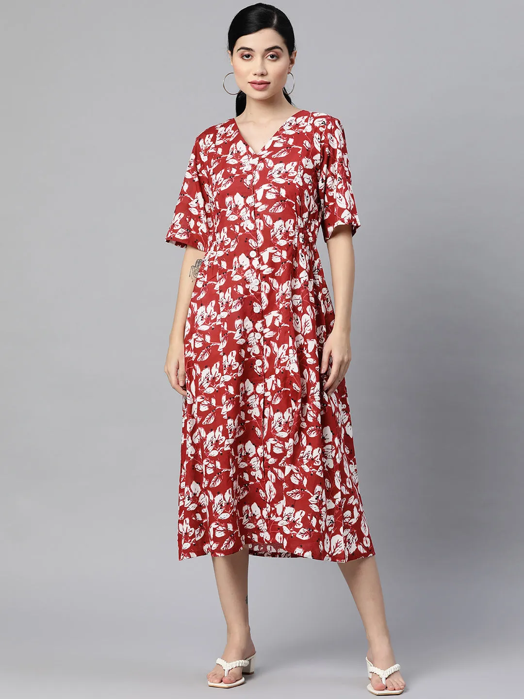 Indibelle Cotton Floral Print Button A-Line Dress (Maroon)