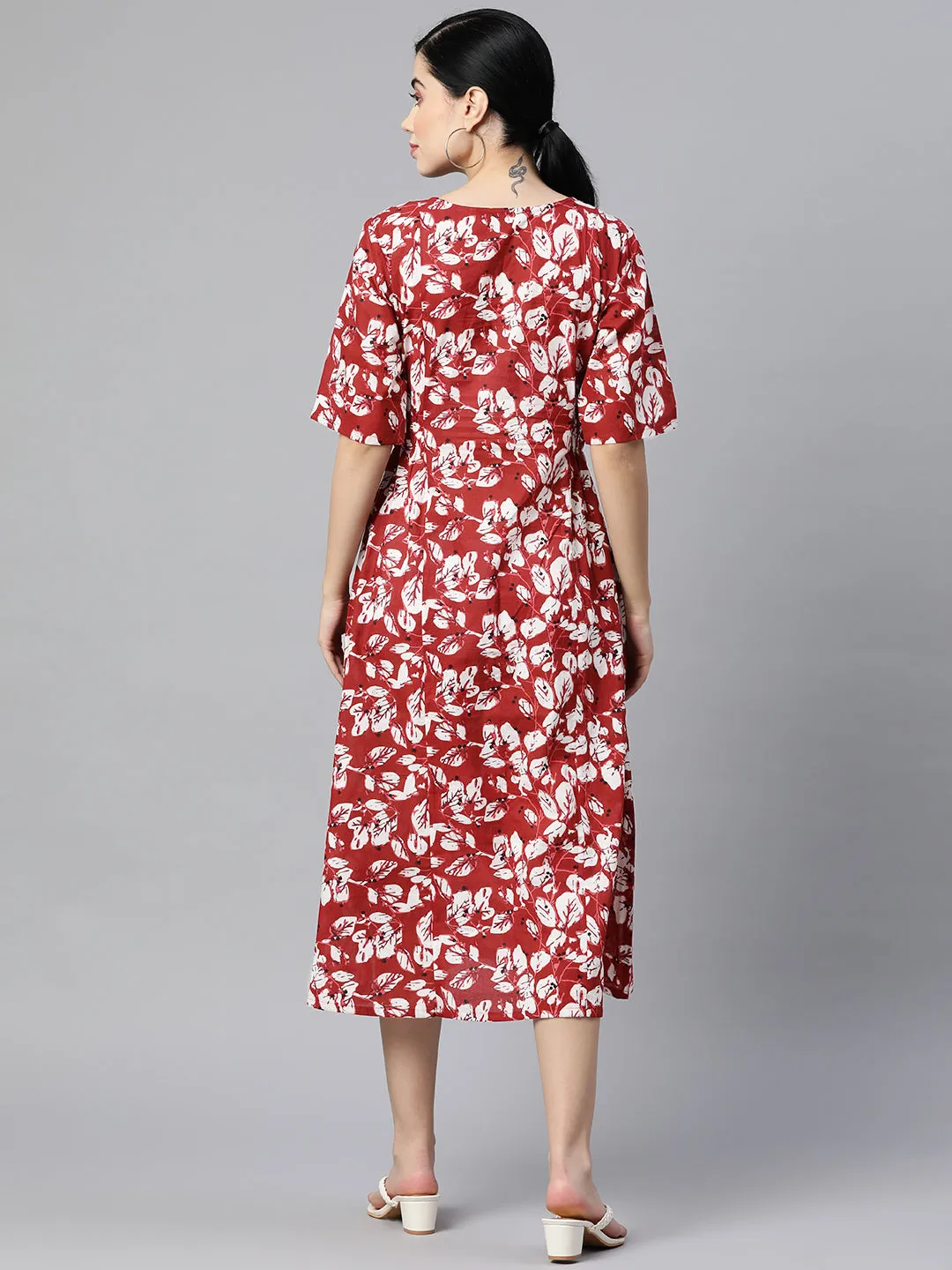 Indibelle Cotton Floral Print Button A-Line Dress (Maroon)