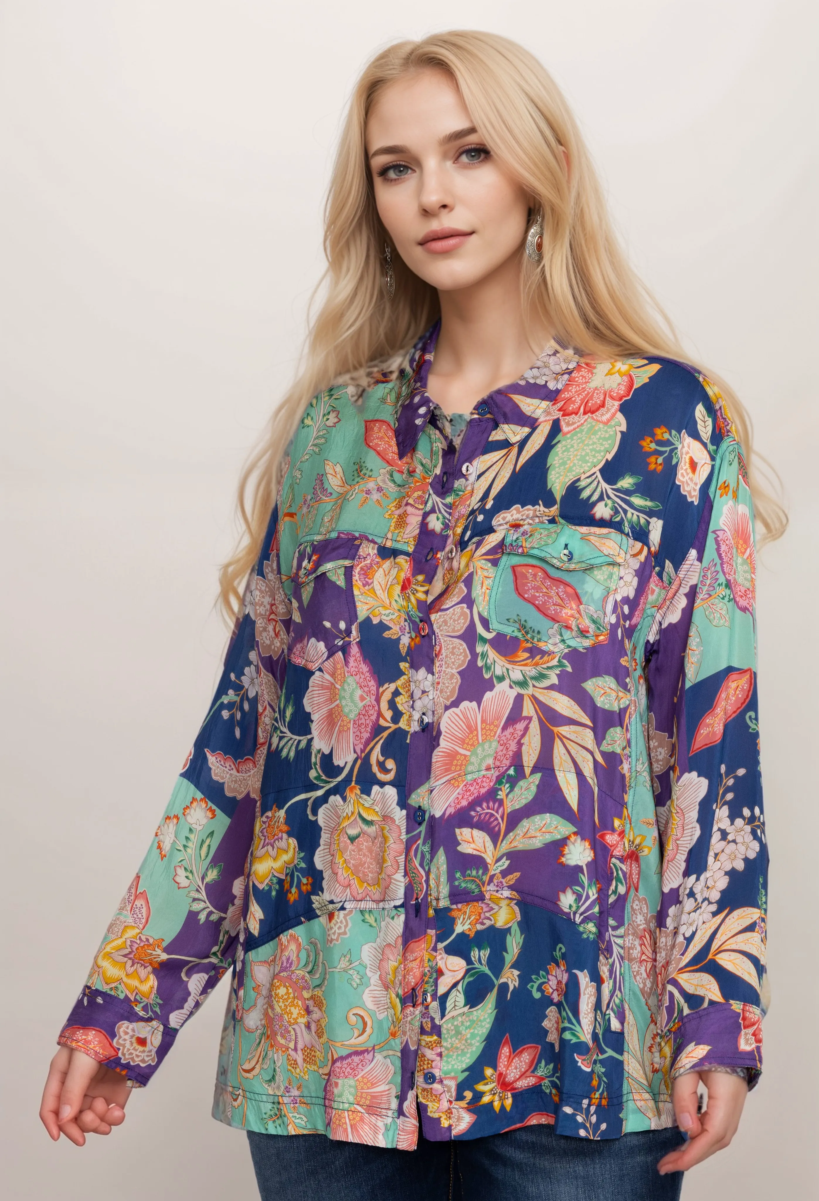 Johnny Was Womens Vivienne Leya Button Up Shirt C11524A Boho Chic Plus Size