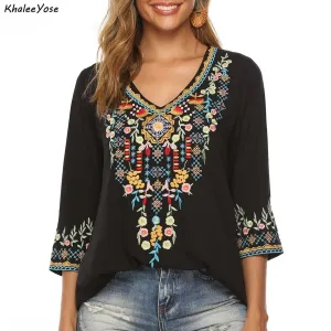 KHALEE YOSE Boho Style Embroidery Blouse