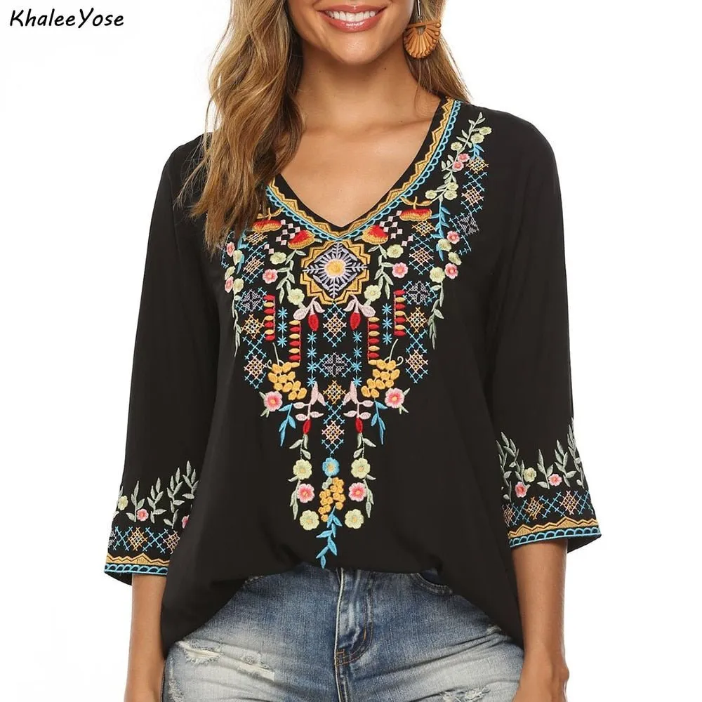 KHALEE YOSE Boho Style Embroidery Blouse