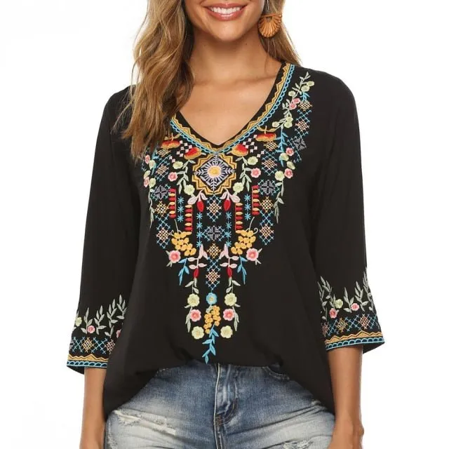 KHALEE YOSE Boho Style Embroidery Blouse
