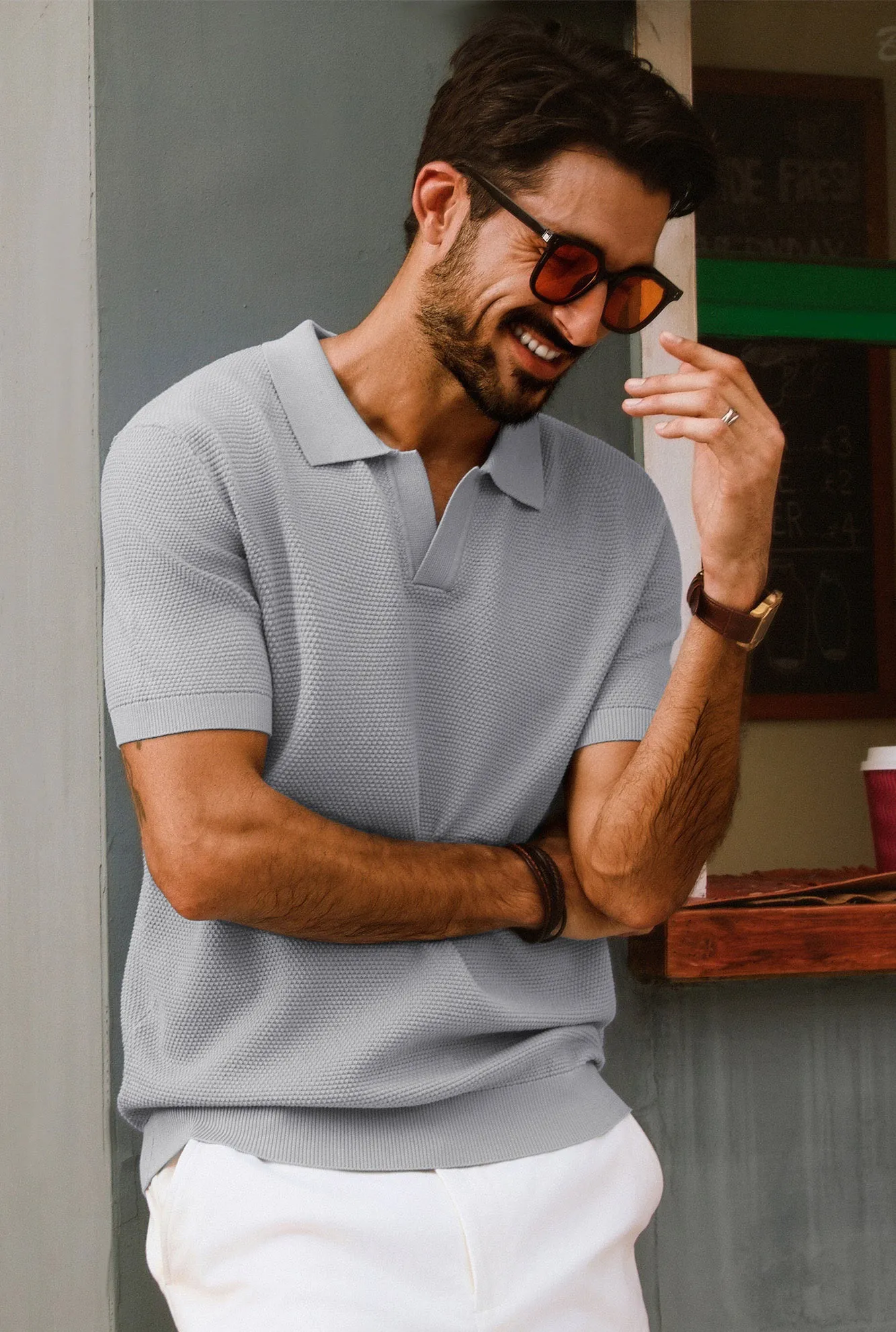 Men Pineapple Textured Polo-Shirt Short Sleeve Lapel Collar Knitwear Tops