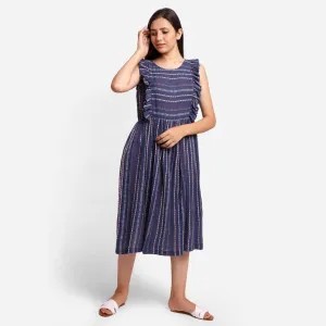 Navy Blue Crinkled Cotton Scoop Neck Bohemian Midi Dress