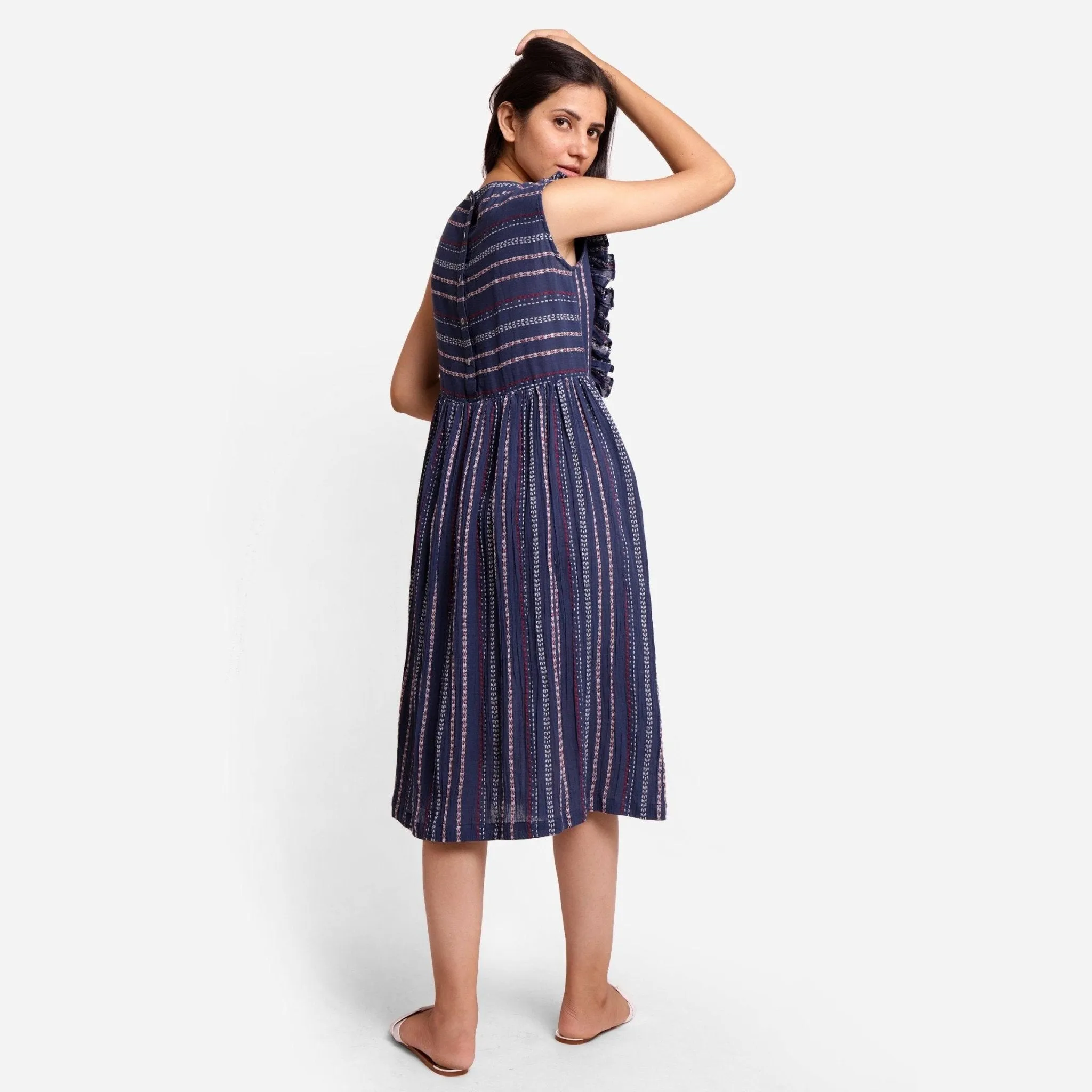 Navy Blue Crinkled Cotton Scoop Neck Bohemian Midi Dress