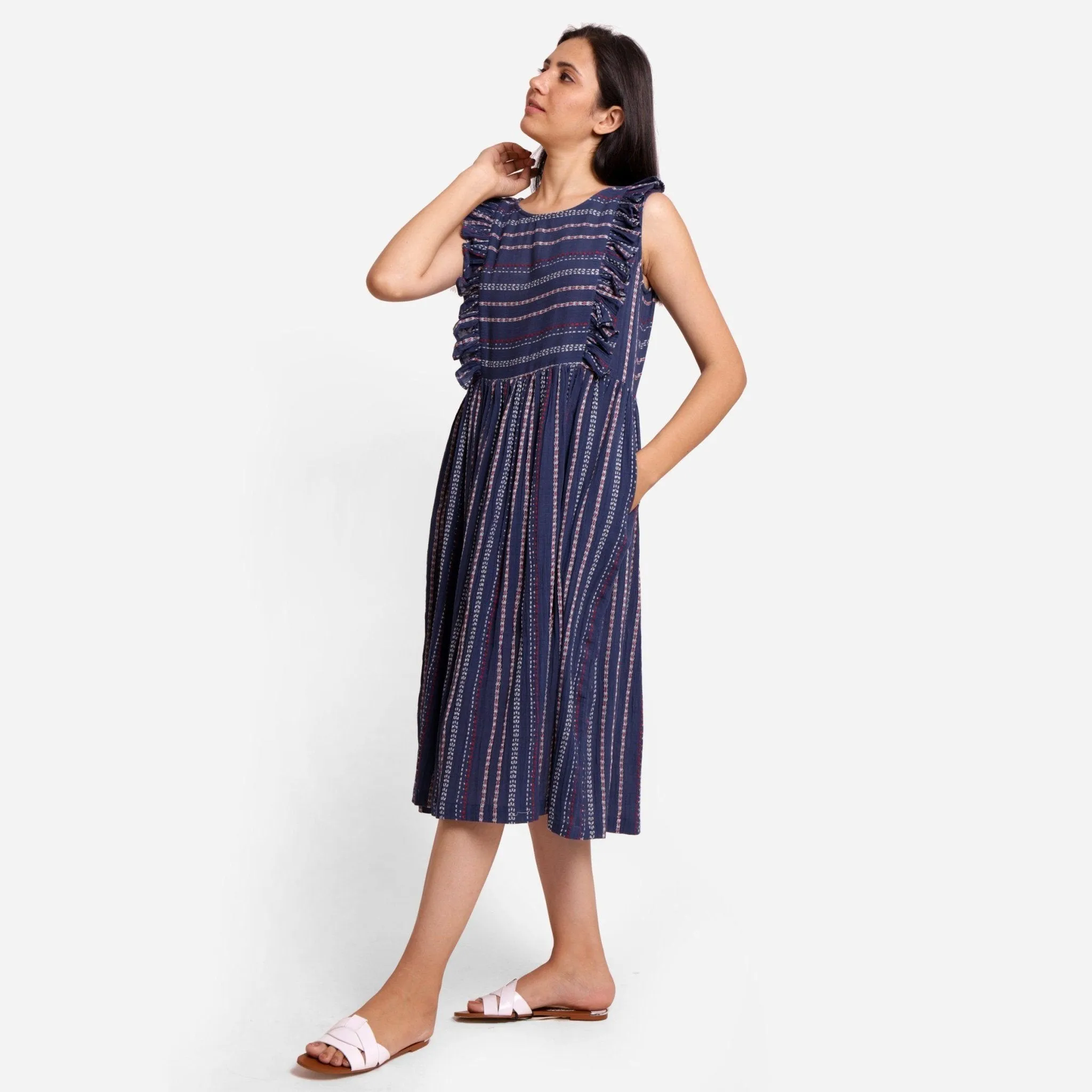 Navy Blue Crinkled Cotton Scoop Neck Bohemian Midi Dress