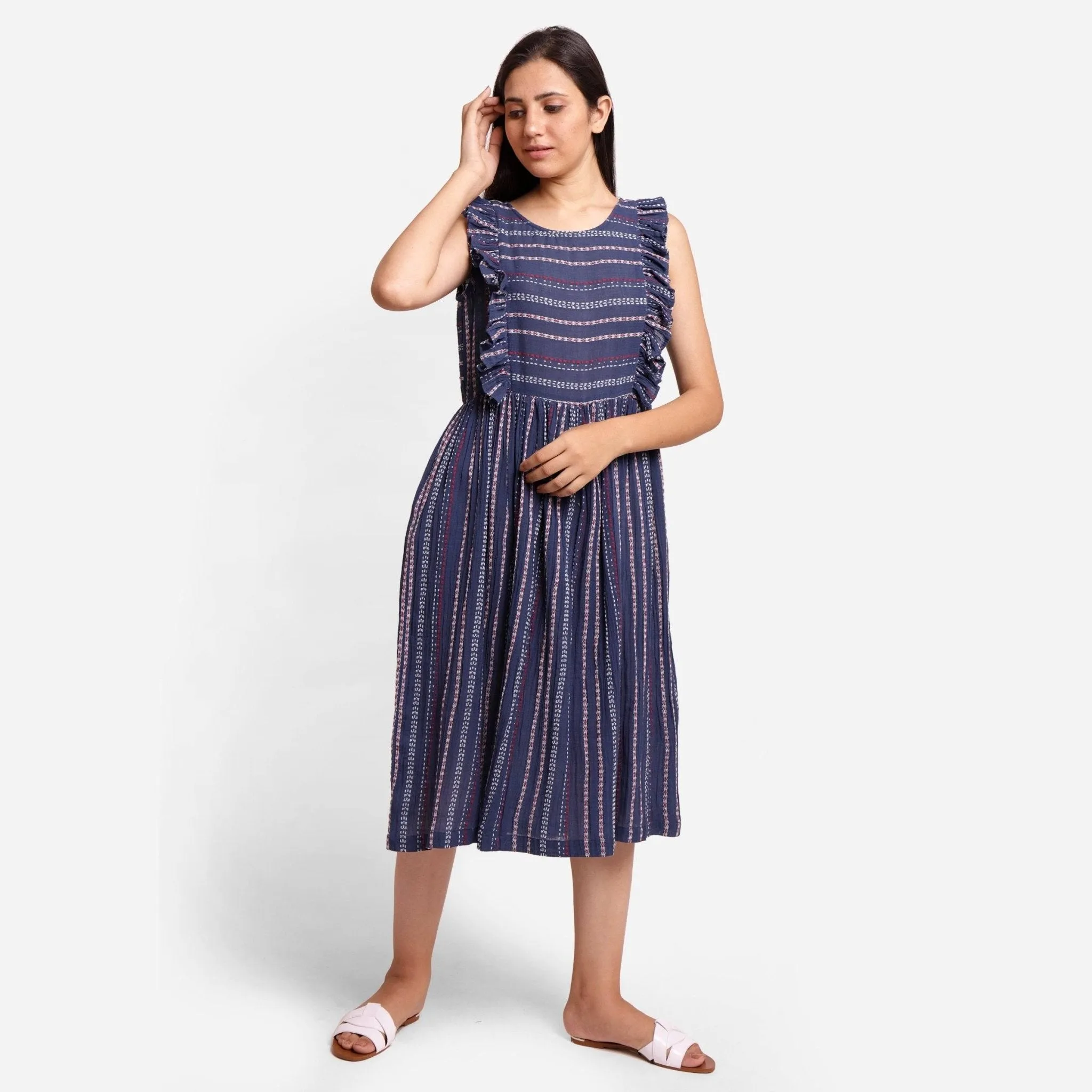 Navy Blue Crinkled Cotton Scoop Neck Bohemian Midi Dress