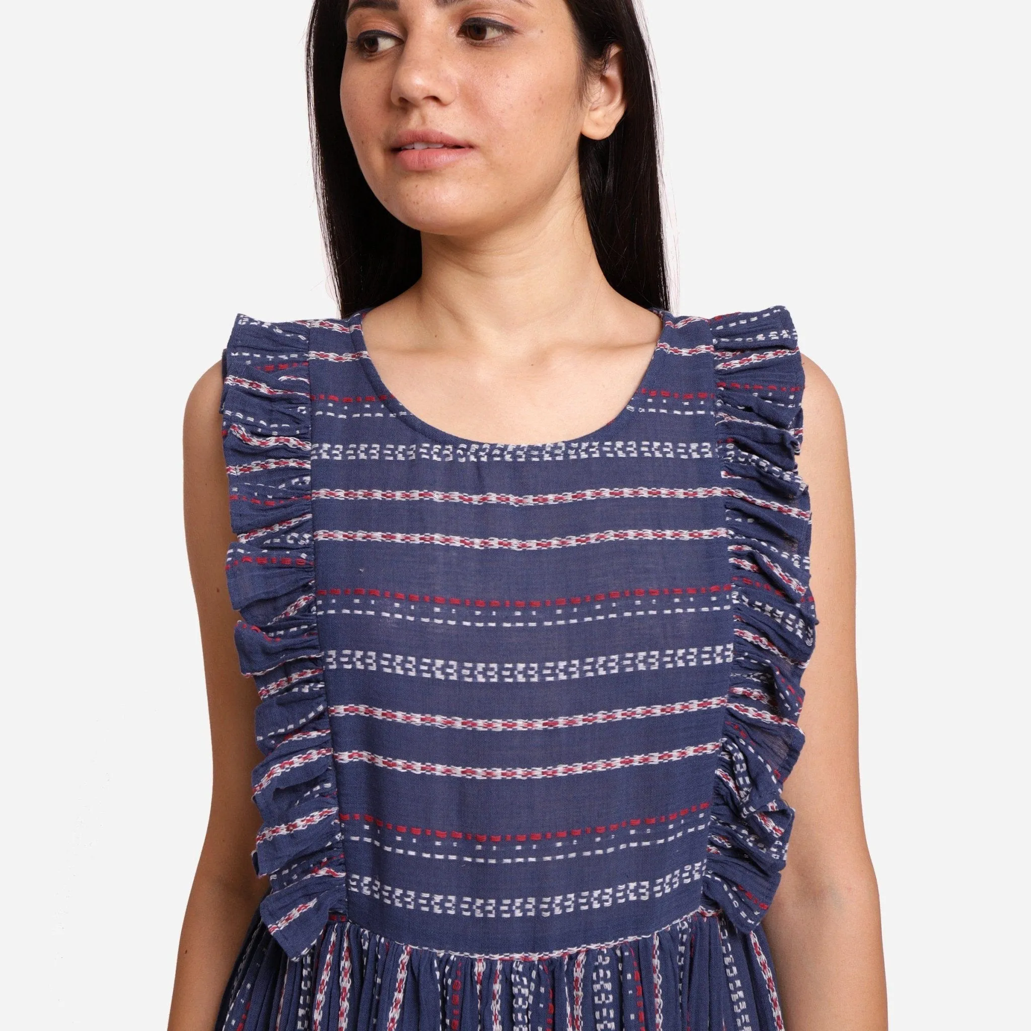 Navy Blue Crinkled Cotton Scoop Neck Bohemian Midi Dress