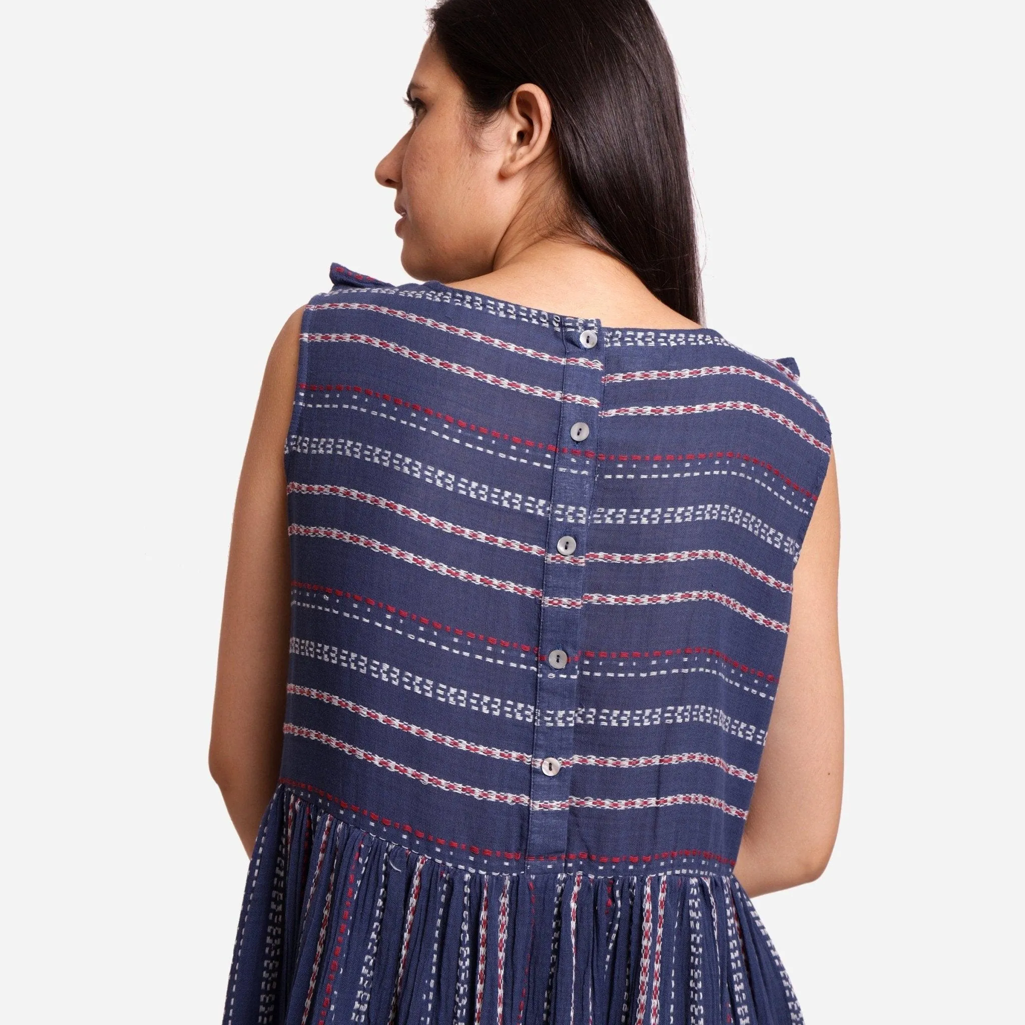 Navy Blue Crinkled Cotton Scoop Neck Bohemian Midi Dress
