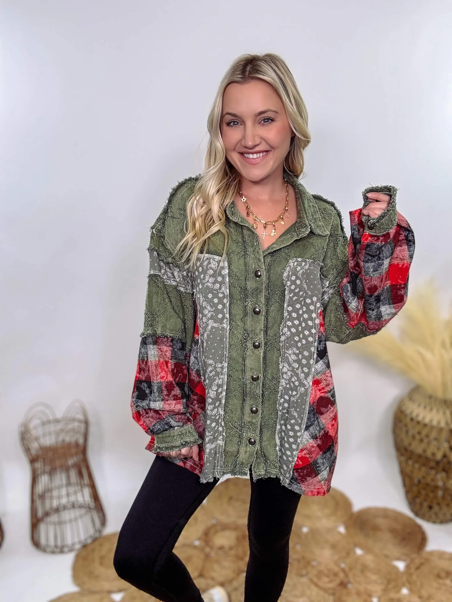 Oversized Olive Green Patchwork Paisley and Red Plaid Jacket by POL