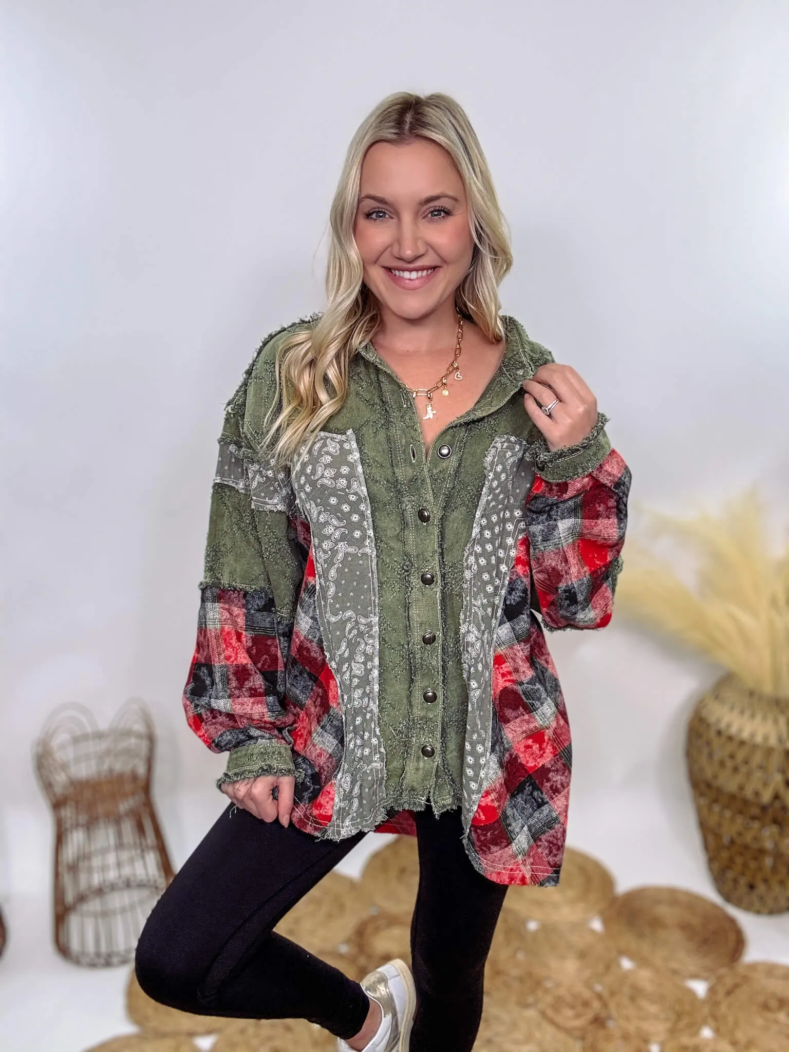 Oversized Olive Green Patchwork Paisley and Red Plaid Jacket by POL