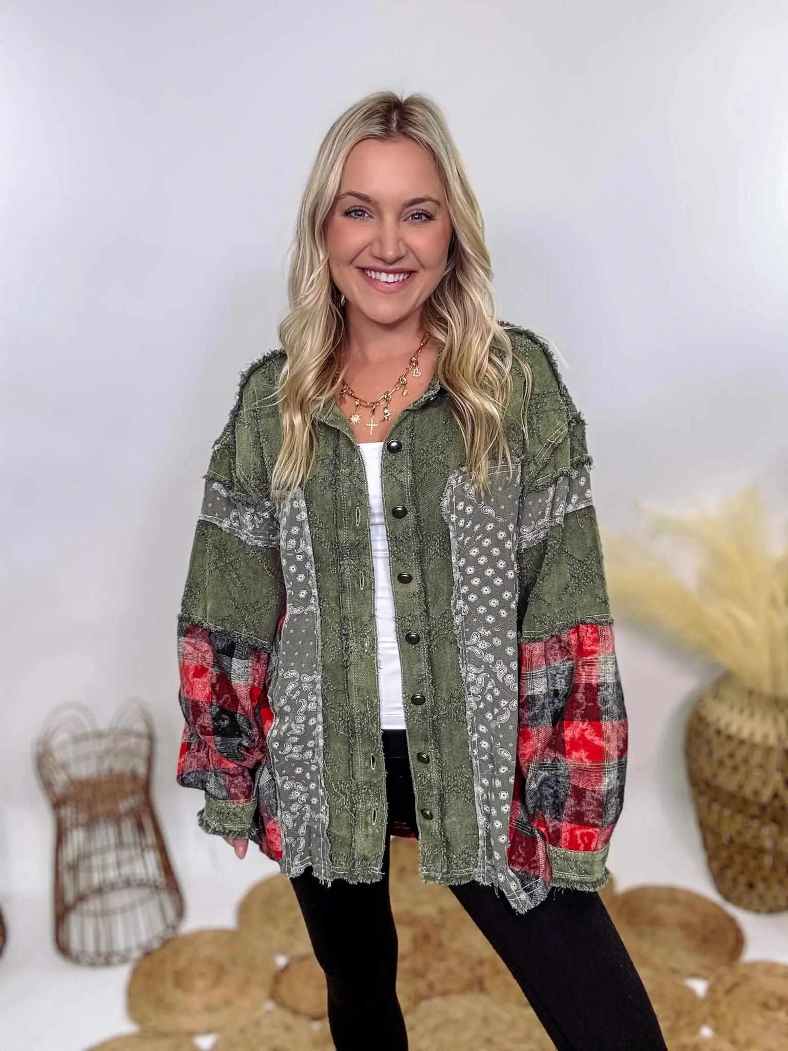 Oversized Olive Green Patchwork Paisley and Red Plaid Jacket by POL
