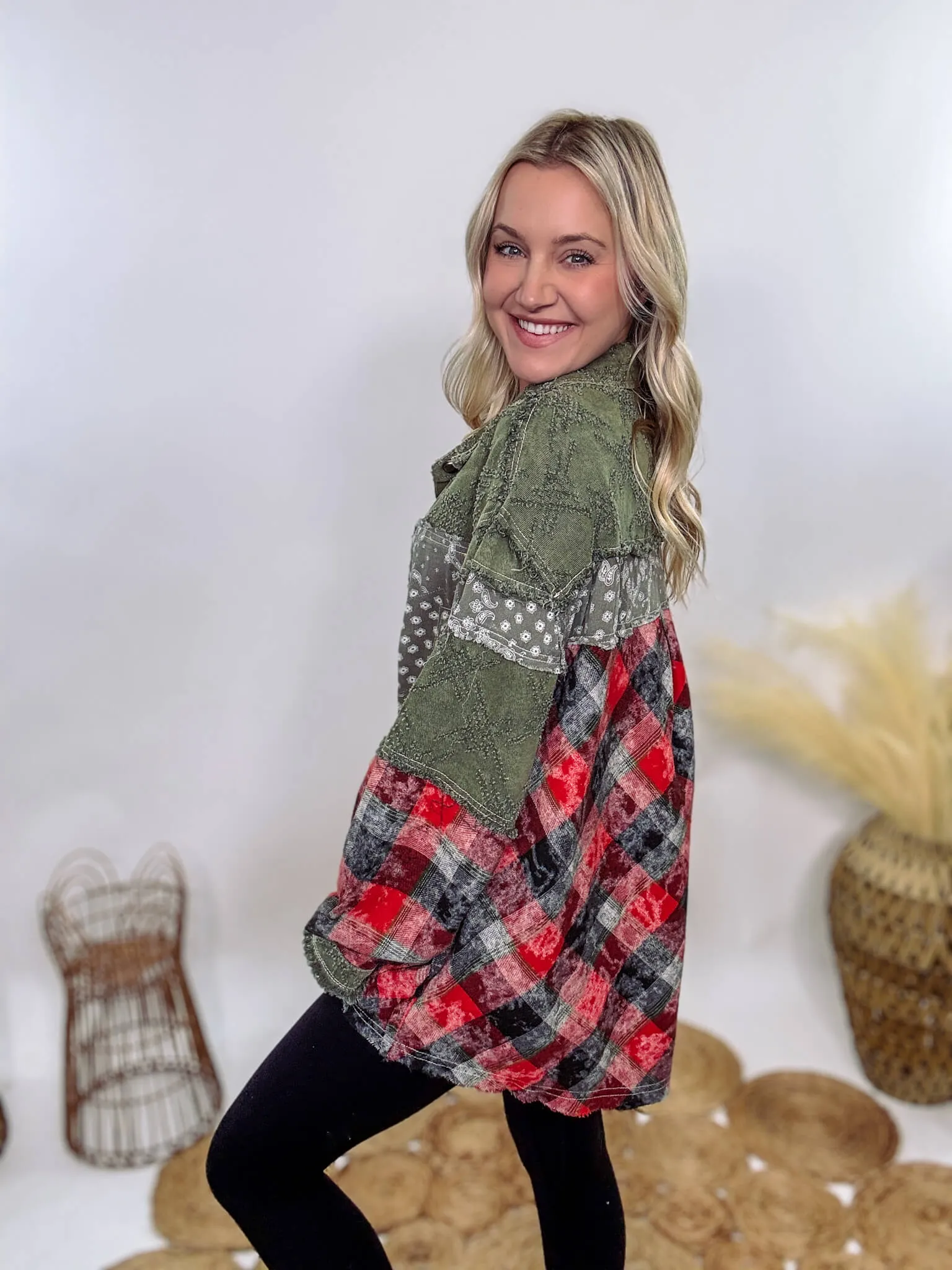 Oversized Olive Green Patchwork Paisley and Red Plaid Jacket by POL