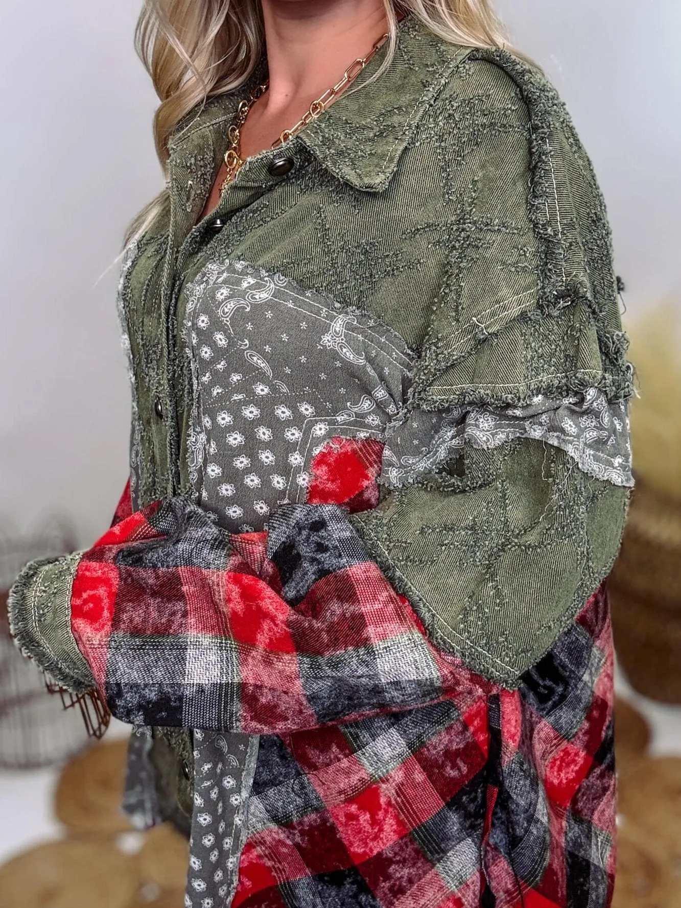 Oversized Olive Green Patchwork Paisley and Red Plaid Jacket by POL