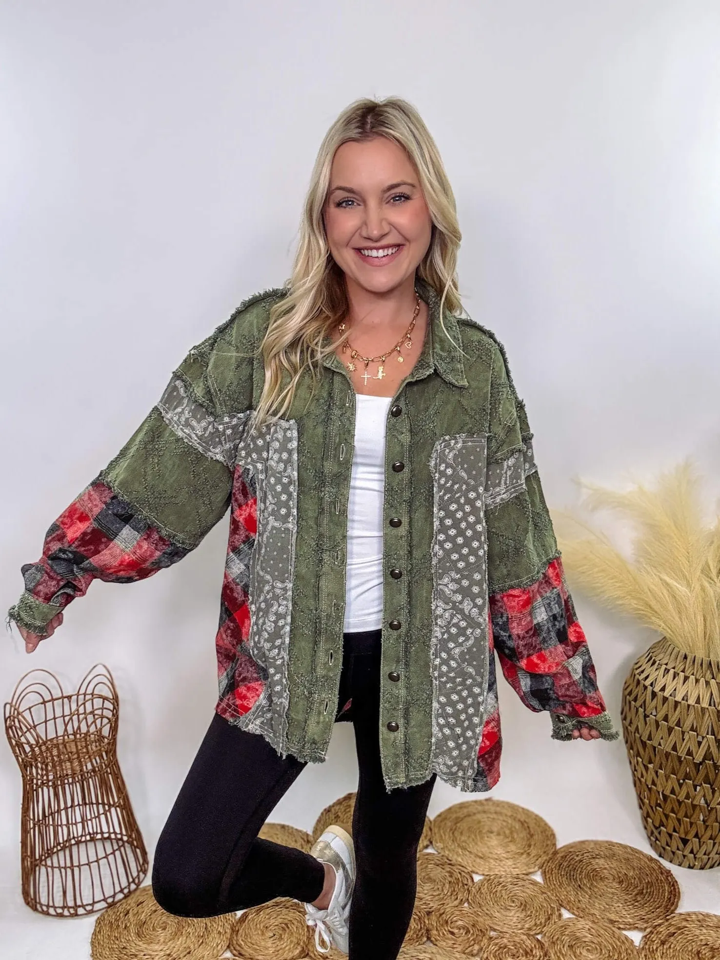Oversized Olive Green Patchwork Paisley and Red Plaid Jacket by POL