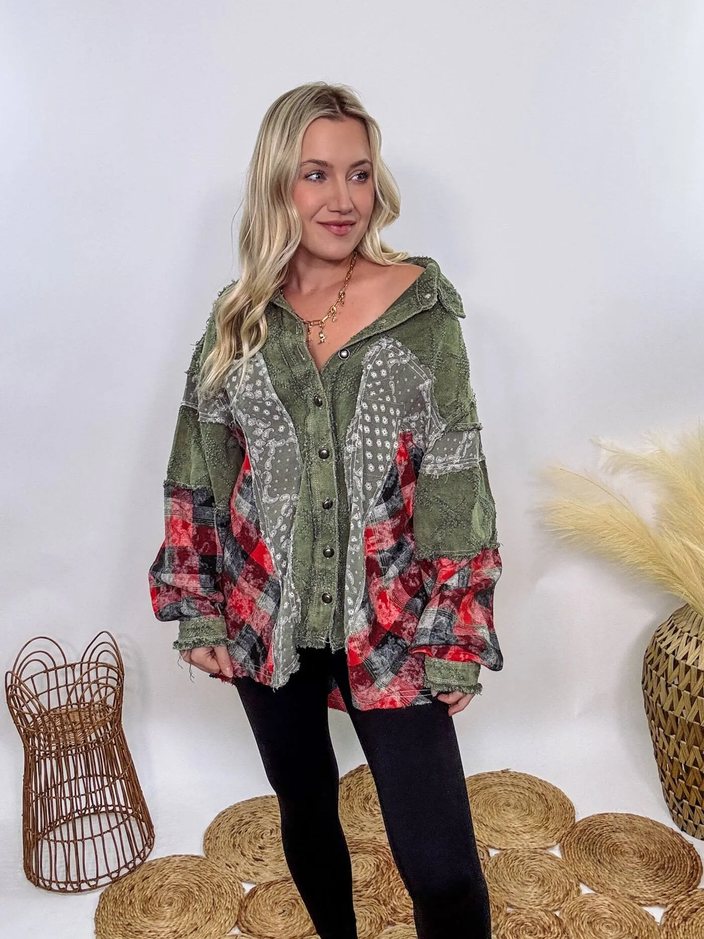 Oversized Olive Green Patchwork Paisley and Red Plaid Jacket by POL