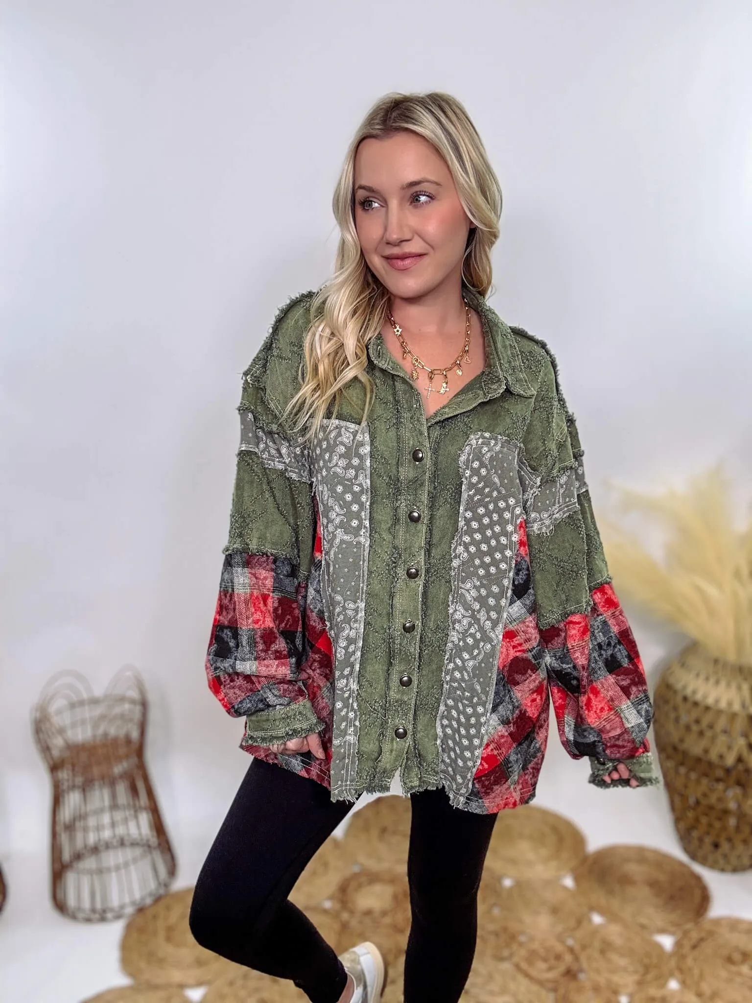 Oversized Olive Green Patchwork Paisley and Red Plaid Jacket by POL