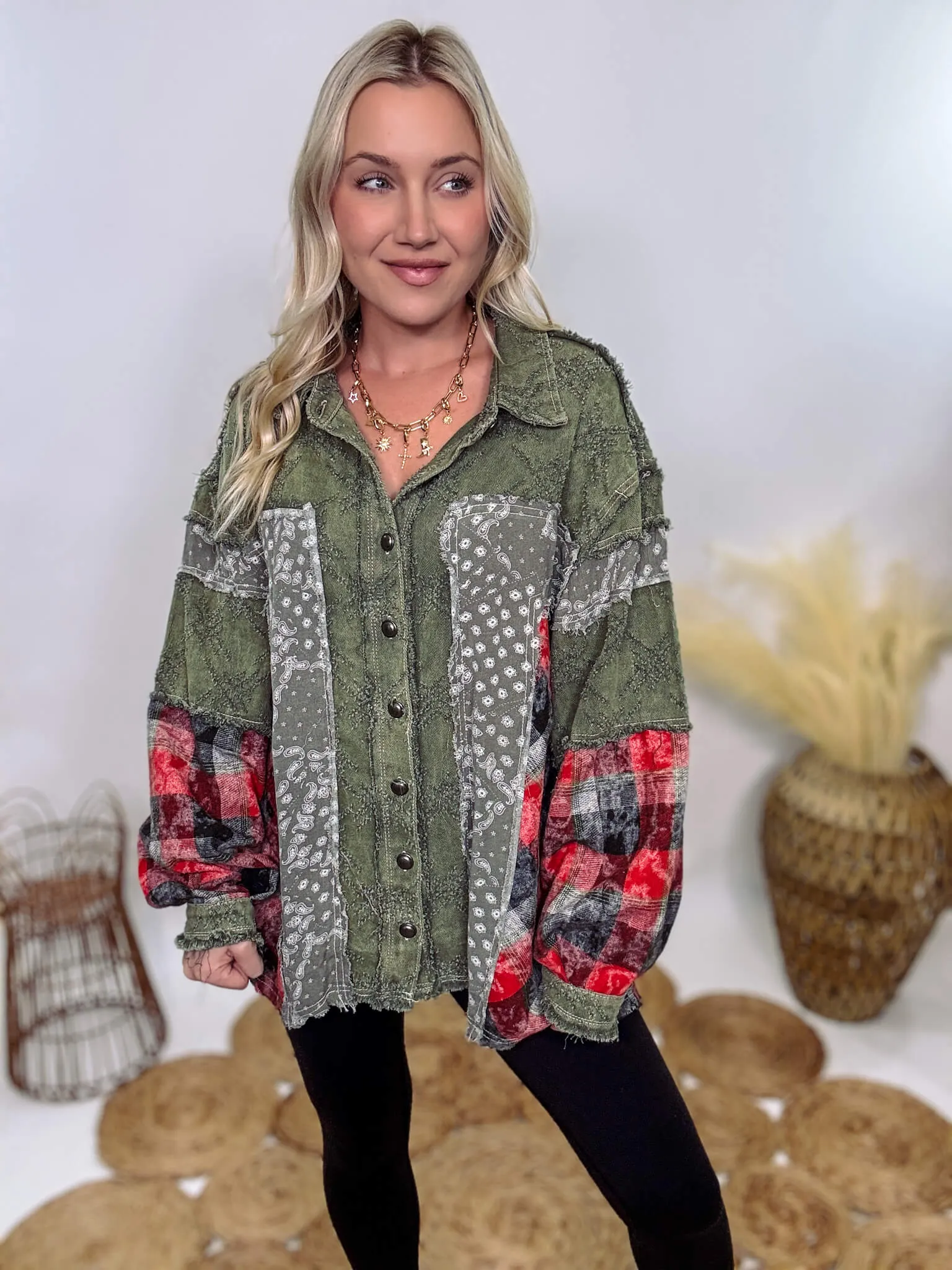 Oversized Olive Green Patchwork Paisley and Red Plaid Jacket by POL
