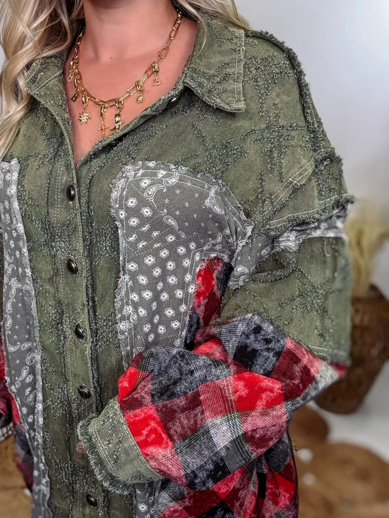 Oversized Olive Green Patchwork Paisley and Red Plaid Jacket by POL