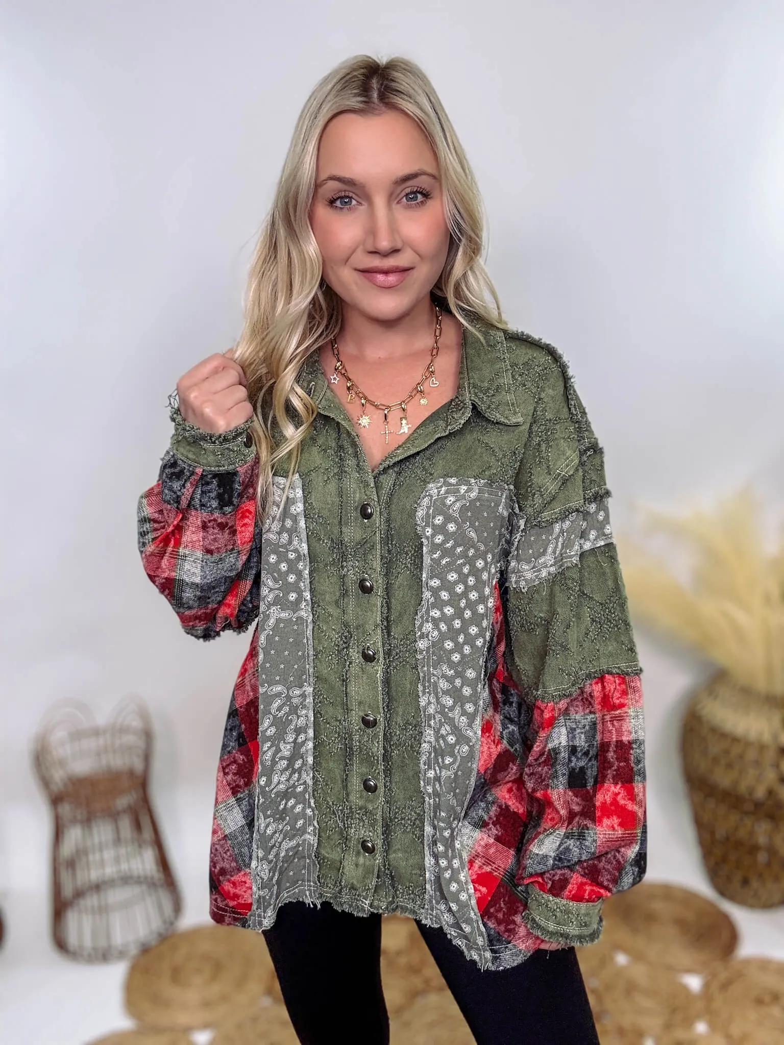 Oversized Olive Green Patchwork Paisley and Red Plaid Jacket by POL