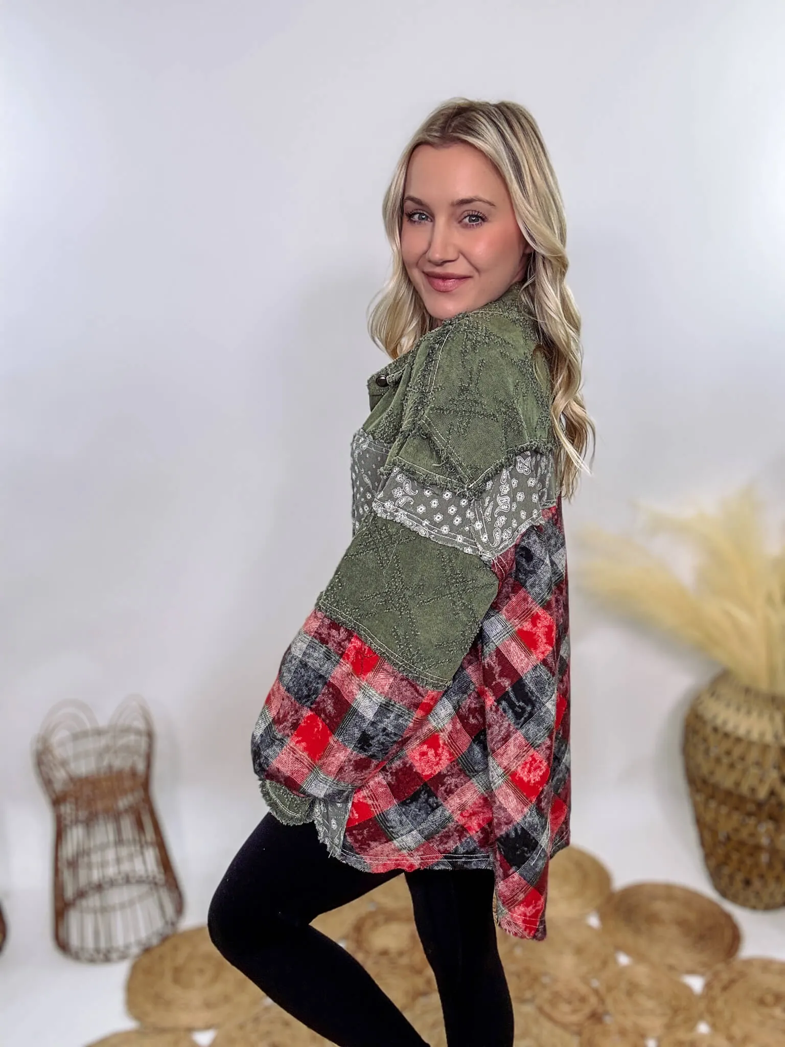 Oversized Olive Green Patchwork Paisley and Red Plaid Jacket by POL