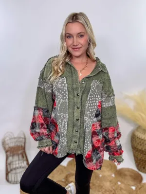 Oversized Olive Green Patchwork Paisley and Red Plaid Jacket by POL