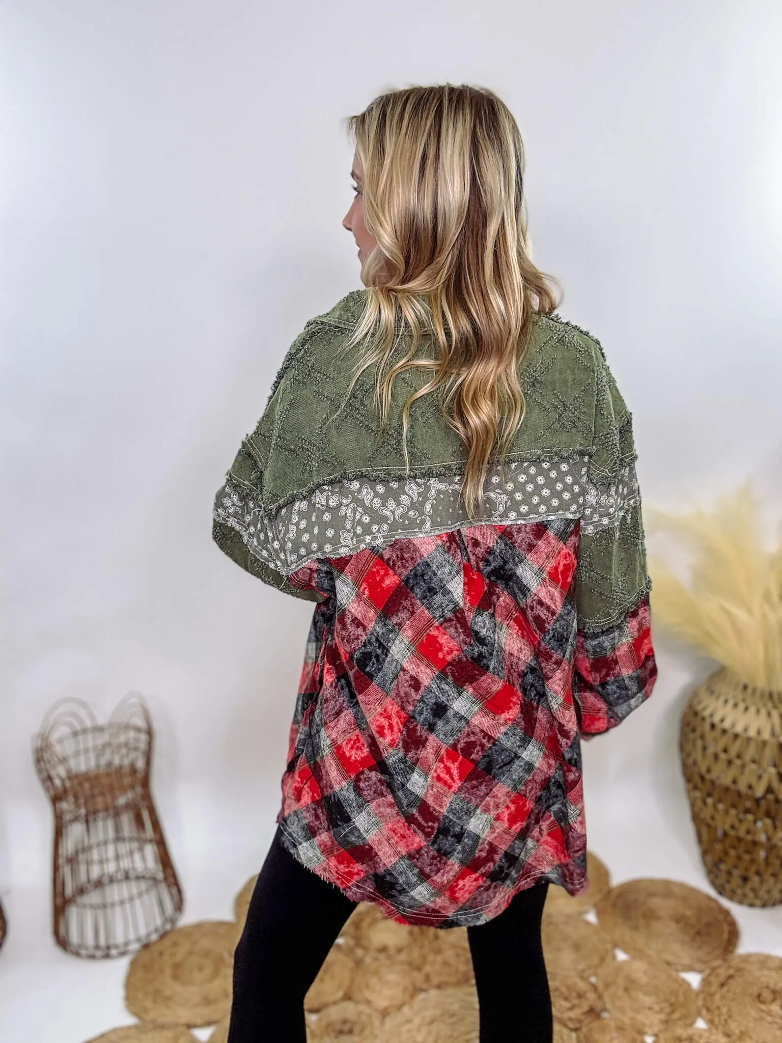 Oversized Olive Green Patchwork Paisley and Red Plaid Jacket by POL